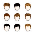 Set of boys faces, human heads. Different vector characters like redhead and brunet, cute teenagers