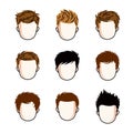 Set of boys faces, human heads. Different vector characters like redhead and brunet.