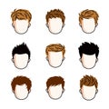 Set of boys faces, human heads. Different vector characters like redhead and brunet.