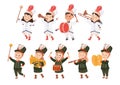 Set of boys and girls in traditional costumes playing different musical instruments in marching band parade cartoon Royalty Free Stock Photo