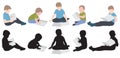 Set of boys reading book and silhouette. Vector illustration Royalty Free Stock Photo