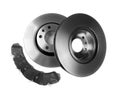 Set of brake discs and pads. Isolate on white Royalty Free Stock Photo