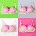 Set of bras with pink balloons on the backgrounds of different colors. Fun, conceptual photo, great big breasts Royalty Free Stock Photo