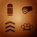 Set Brass knuckles, Cartridges, Military rank and Cannon on wooden background. Vector Royalty Free Stock Photo