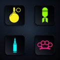 Set Brass knuckles, Hand grenade, Bullet and Aviation bomb. Black square button. Vector