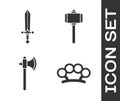 Set Brass knuckles, Medieval sword, Medieval axe and Battle hammer icon. Vector Royalty Free Stock Photo