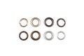 Set of brass multicoloured metal eyelets or rivets - curtains rings for fastening fabric to the cornice, isolated on Royalty Free Stock Photo