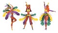Set of Brazilian samba dancers. Carnival girls are wearing a festival costume and dancing.Flat style. Vector Royalty Free Stock Photo