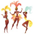 Set of Brazilian samba dancers. Vector carnival girls wearing a festival costume is dancing. Royalty Free Stock Photo