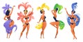 Set of Brazilian samba dancers. Vector carnival in Rio de Janeiro girls wearing a festival costume is dancing.