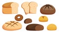 Set Of Bread And Different Bakery Production. Isolated Toast, Loaf, Bun With Sesame Or Rye Donut Pastry Collection