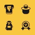 Set Bread with honey, Honey award, Jar of and Beekeeper protect hat icon with long shadow. Vector