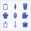 Set Bread loaf, Kitchen whisk, Cooking pot, Oven glove, Cutting board, Chef hat, Measuring cup and icon. Vector Royalty Free Stock Photo