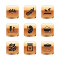 Set Bread loaf, Seed, Bag of coffee beans, Wheat, Sprout, Sifting flour and Green peas icon. Vector