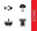 Set Bread toast, Fish, Mortar and pestle and Mushroom icon. Vector