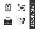 Set Bread toast, Medical clipboard, Gym building and Attention health heart icon. Vector