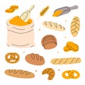 Set of breads. Breads and pastry banner. Whole grain and wheat bread, pretzel, ciabatta, croissant, french baguette for