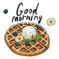 Waffles with fillings. Berries, fruits, ice cream, mint. A set for breakfast or dessert. Hand drawn vector. Isolated on Royalty Free Stock Photo