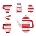 Set of breakfast dishes in red and white stripes: teapot, mug, milk jug, sugar bowl. Jar of jam. Isolated watercolor Royalty Free Stock Photo