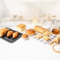 Set of breakfast food or bakery,cake on table kitchen background