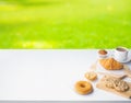 Set of breakfast food or bakery,cake on table kitchen with courtyard garden Royalty Free Stock Photo