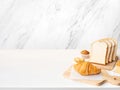 Set of breakfast food or bakery,cake on white table kitchen marble wall background.cooking and eating with healthy lifestyle