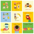 Set of breakfast food cards with hand written text, simple flat colorful warm illustration Royalty Free Stock Photo