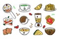 A set of breakfast foods and drinks. Hand-drawn doodle-style elements. Breakfast. Good Morning. Pancakes on a plate Royalty Free Stock Photo