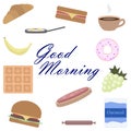 Set with breakfast foods and text