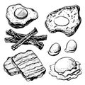 A set of breakfast ingredients, including toasted bread slices, fried eggs, and bacon, depicted in a hand-drawn sketch style. This