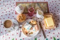 breakfast table with coffee sugar milk and butter and roll covered with euro coins and banknotes on plate, Germany Royalty Free Stock Photo