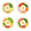 Set of breakfasts with fried eggs, greens, vegetables, bacon, sausages, salmon, cheese, beans, vector illustration