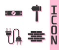 Set Bricks, Construction bubble level, Electric plug and Hammer icon. Vector Royalty Free Stock Photo