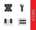 Set Bricks, Roof tile, House plan and Adjustable wrench icon. Vector Royalty Free Stock Photo