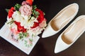 Set of bridal bouquet, wedding flowers white shoes Royalty Free Stock Photo