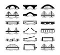 Set of bridge black silhouette icons isolated on white background. Different types of bridges. Various constructions of bridges. Royalty Free Stock Photo