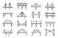 Set of bridges types beam  truss  cantilever  tied arch  suspension  cable-stayed thin line icons Royalty Free Stock Photo