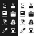 Set Briefcase, Book, Old hourglass, Graduate and graduation cap, Award cup, Medal with star, Stage stand and Microphone