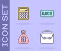 Set Briefcase, Calculator, Money bag and Zero cost icon. Vector Royalty Free Stock Photo