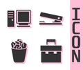 Set Briefcase, Computer monitor, Full trash can and Office stapler icon. Vector Royalty Free Stock Photo