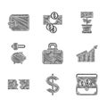 Set Briefcase and money, Dollar symbol, Treasure chest, Financial growth increase, Tearing banknote, Piggy hammer, Money