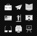 Set Briefcase, Paper airplane, Open book, Glasses, Monitor with graduation cap, Chalkboard, Identification badge and