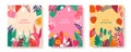Set of bright abstract cards with tropical leaves. Creative doodles of various shapes and textures. Vector illustration