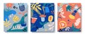 Set of bright abstract cards with tropical leaves. Creative doodles of various shapes and textures. Vector illustration