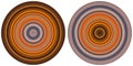 Set of 2 bright abstract colorful circles isolated on white background. Circular lines , radial striped texture in orange, brown a Royalty Free Stock Photo