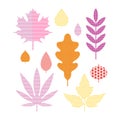 Set of bright autumn leaves in flat style. Stylized leaves of maple, Rowan, oak, birch, aspen, Linden. Autumn seasonal Royalty Free Stock Photo