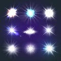 Set of bright beautiful stars. Optical lens glowing flashlight effect. Light effect, bright star, light flare. Colorful sparkles Royalty Free Stock Photo