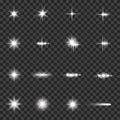 Set of bright beautiful stars. Optical lens glowing flashlight effect. Light effect, bright star, light flare