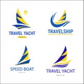 Set Bright blue travel boats sign. Design modern logos sailboat for Business.