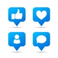 Set of bright blue trendy icons for social network. Likes, friends and comments piktogram on white Royalty Free Stock Photo